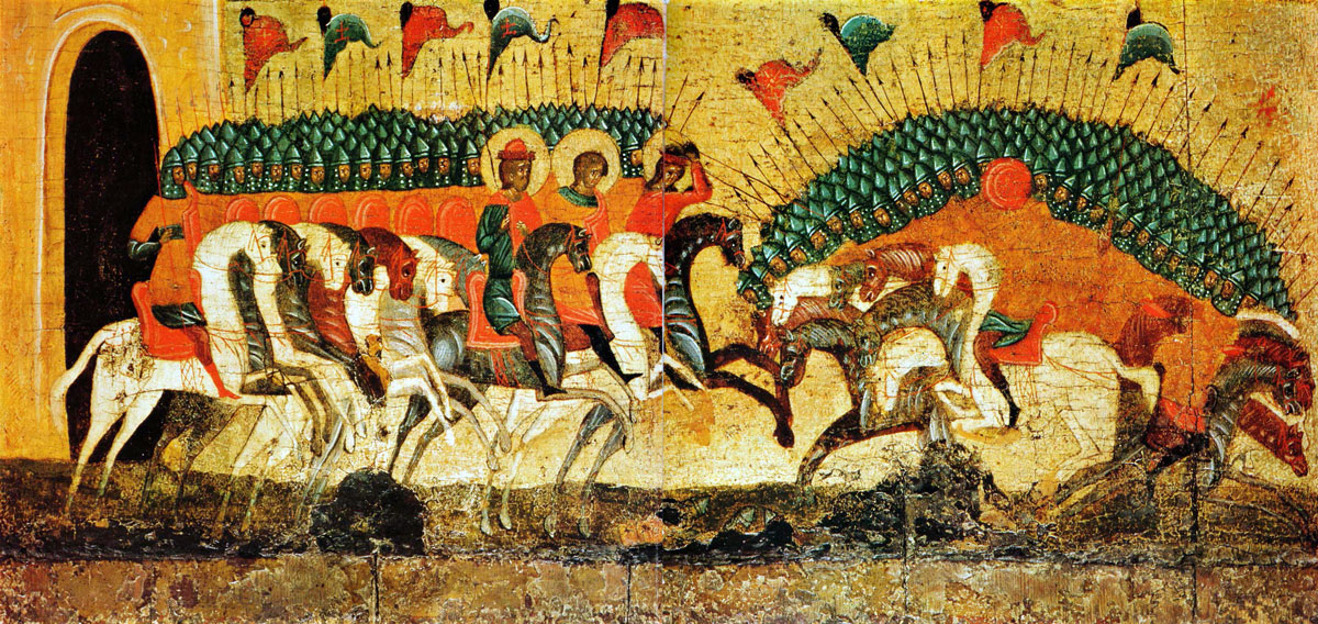 Битва новгородцев с суздальцами. Фрагмент иконы XV века