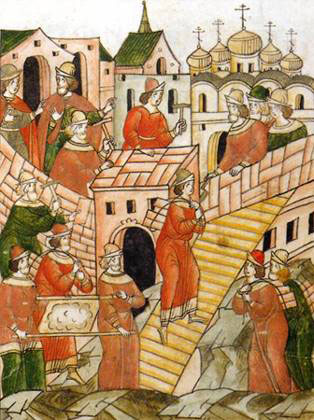 Строительство первого каменного Кремля Москвы. Миниатюра Лицевого летописного свода. XVI век.